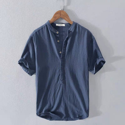 Navy Blue Cotton Half Sleeve Short Kurta For Men